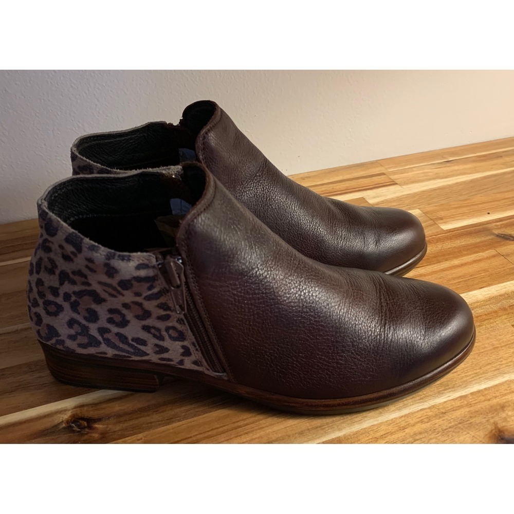 Naot Brown Leather Leopard Print Retro Ankle Boots Zipper Booties 39 Boho